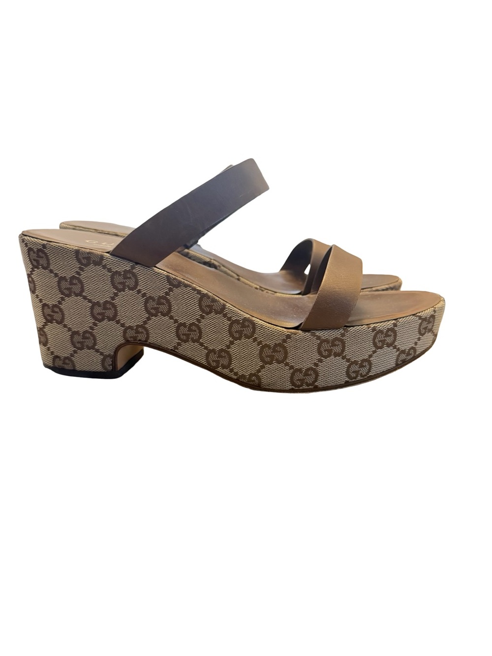Authentic Gucci GG monogram canvas platform wedge sandals